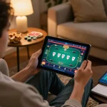 Player engaging with fly88 online casino app, focused on poker gameplay on tablet, cozy home setting