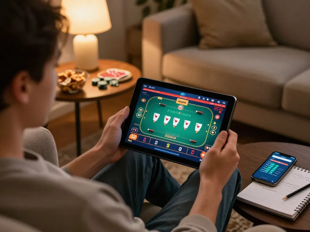 Player engaging with fly88 online casino app, focused on poker gameplay on tablet, cozy home setting