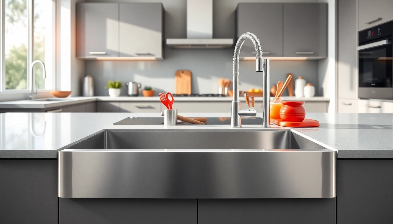 Install a modern kitchen sink in stainless steel with sleek design and vibrant kitchen tools.
