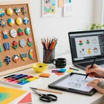 Custom acrylic pins being designed in a vibrant arts studio with colorful materials and tools.