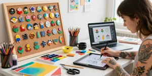 Custom acrylic pins being designed in a vibrant arts studio with colorful materials and tools.