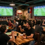 Watch the kênh trực tiếp bóng đá hôm nay with excitement in a vibrant sports bar atmosphere