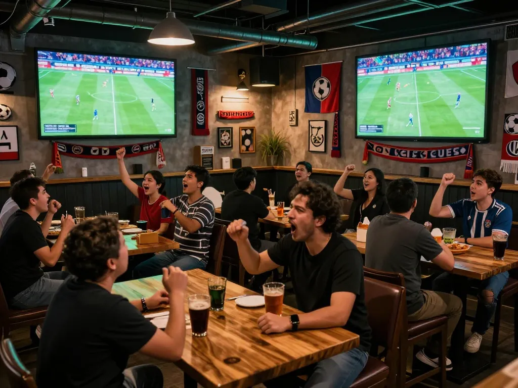 Watch the kênh trực tiếp bóng đá hôm nay with excitement in a vibrant sports bar atmosphere