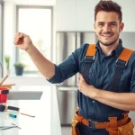 Plumber near me fixing a leaky pipe in a modern kitchen with professional tools.