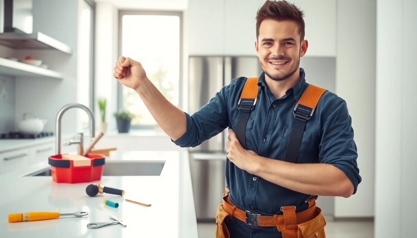 Plumber near me fixing a leaky pipe in a modern kitchen with professional tools.