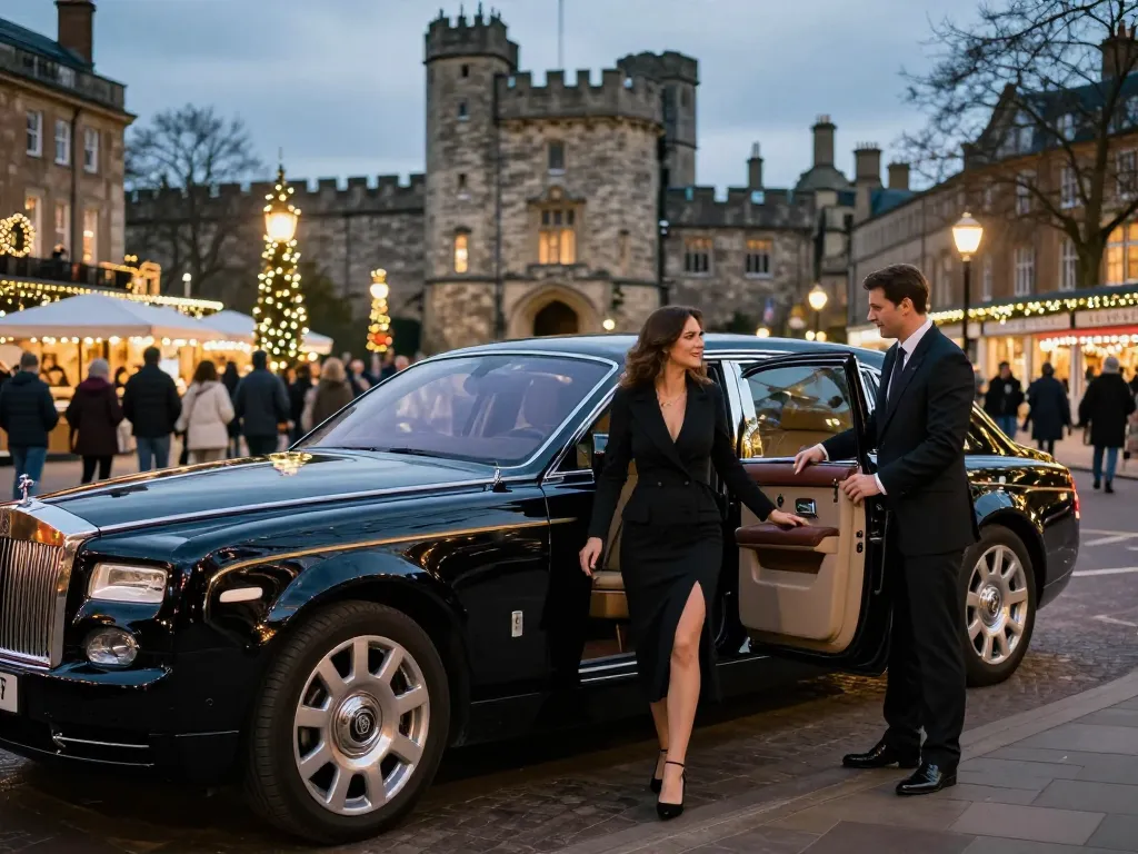 Nottingham Limo Hire featuring a couple arriving in a Rolls-Royce Phantom with a professional chauffeur at a scenic Nottingham landmark