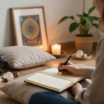 Why do I keep attracting the same partner? Reflective journaling in a serene meditation space with healing elements.