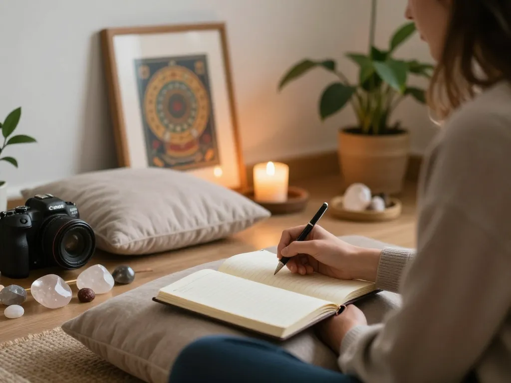Why do I keep attracting the same partner? Reflective journaling in a serene meditation space with healing elements.