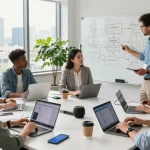Collaborative workspace showcasing WPS 下载 software on laptops in a bright office environment, highlighting productivity and innovation.