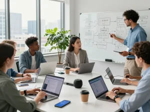 Collaborative workspace showcasing WPS 下载 software on laptops in a bright office environment, highlighting productivity and innovation.