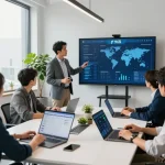 Collaboration in a tech workspace showcasing 快连 network performance metrics and global server insights.