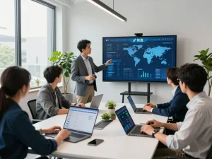 Collaboration in a tech workspace showcasing 快连 network performance metrics and global server insights.