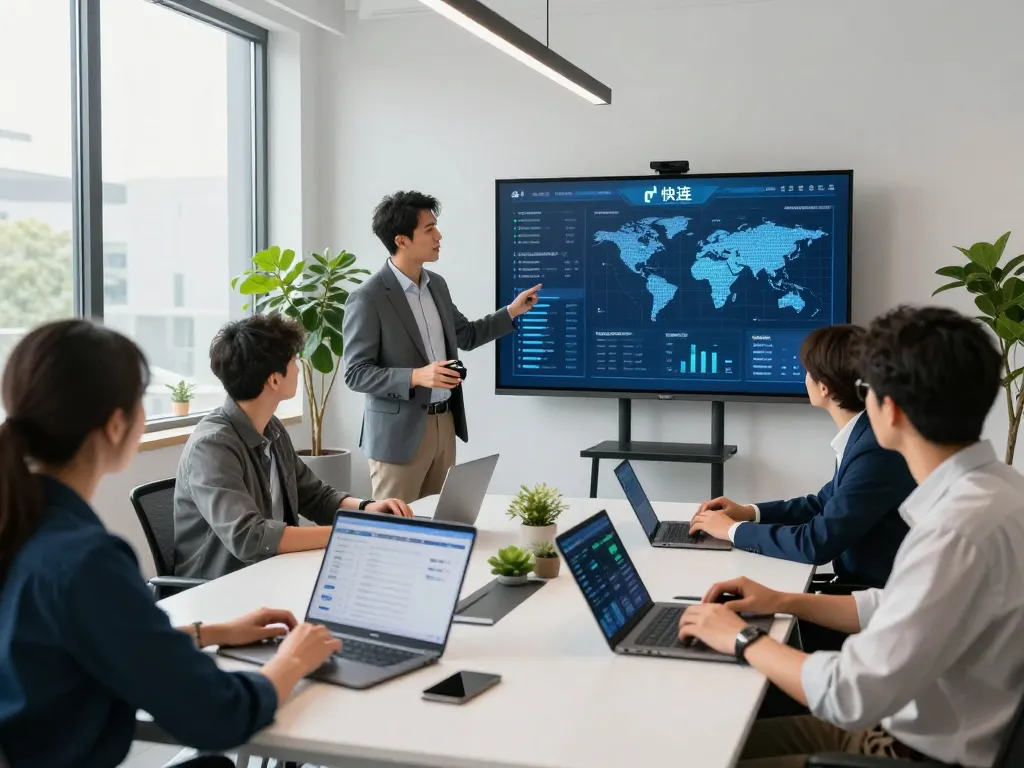 Collaboration in a tech workspace showcasing 快连 network performance metrics and global server insights.