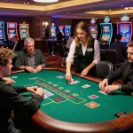 Players at a blackjack table enjoying a game with debet strategies in a vibrant casino.