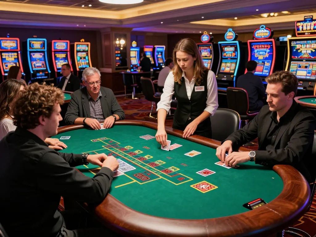 Players at a blackjack table enjoying a game with debet strategies in a vibrant casino.