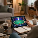 Playing lc88 game online on a tablet in a cozy living room, showcasing a relaxed gaming atmosphere.