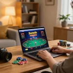 Player engaging with Sunwin online casino on a laptop, showcasing poker strategy and vibrant game graphics.