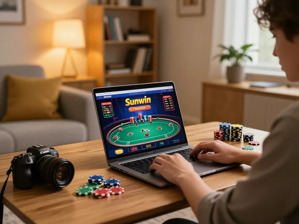 Player engaging with Sunwin online casino on a laptop, showcasing poker strategy and vibrant game graphics.