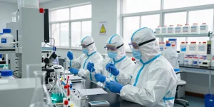 CIF chemical suppliers ensuring quality control in a modern chemical export laboratory.