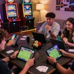 Friends engaging in OKFUN sports betting experience on mobile devices.