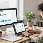 Freelance Shopware Agency developer collaborating at a modern e-commerce workspace, showcasing professional tools and analytics.
