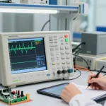 Technician using a portable digital oscilloscope in a modern lab to analyze electronic waveforms.