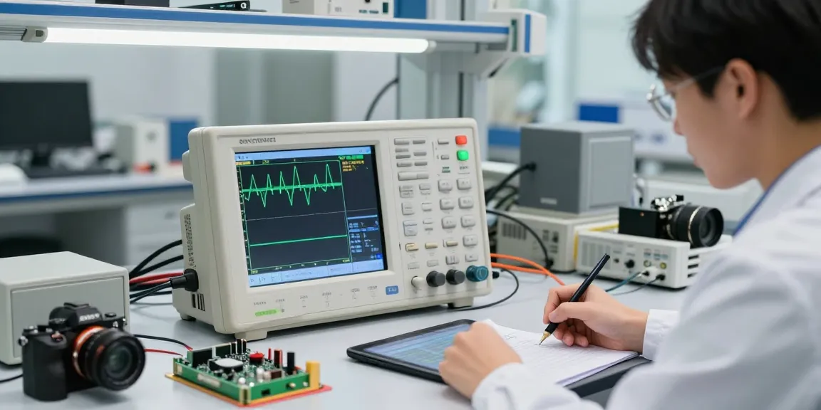 Technician using a portable digital oscilloscope in a modern lab to analyze electronic waveforms.