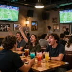 Experience kênh trực tiếp bóng đá hôm nay with fans cheering and celebrating in a lively sports bar atmosphere.