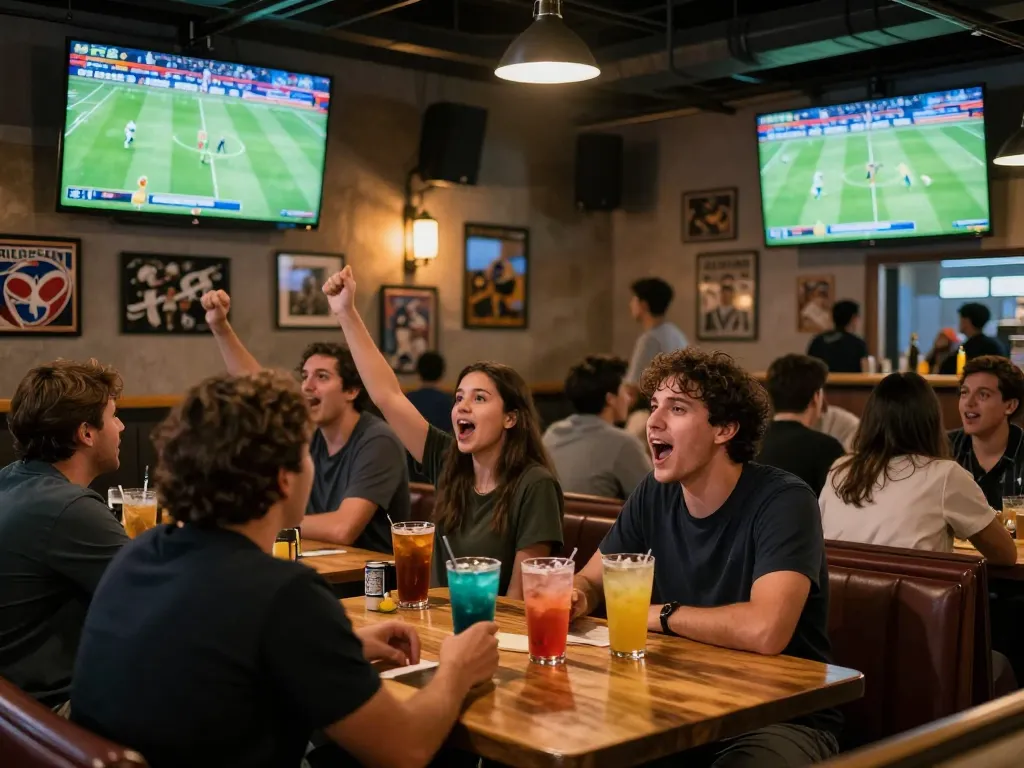 Experience kênh trực tiếp bóng đá hôm nay with fans cheering and celebrating in a lively sports bar atmosphere.