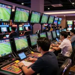 Exciting sports betting scene showcasing kênh trực tiếp bóng đá hôm nay with engaged players and dynamic screens.