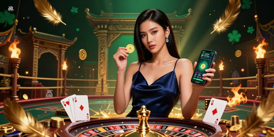 Experience the vibrant world of 32win, featuring a confident player engaging with a casino app amidst dynamic gaming elements.