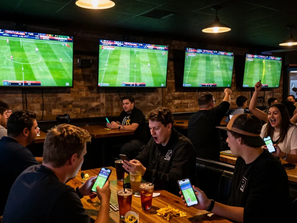 Engaging soccer fans utilizing kênh trực tiếp bóng đá hôm nay at a sports bar while cheering for their teams.