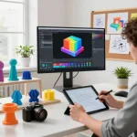 Text to 3D design process in a creative studio with vibrant models and design tools.