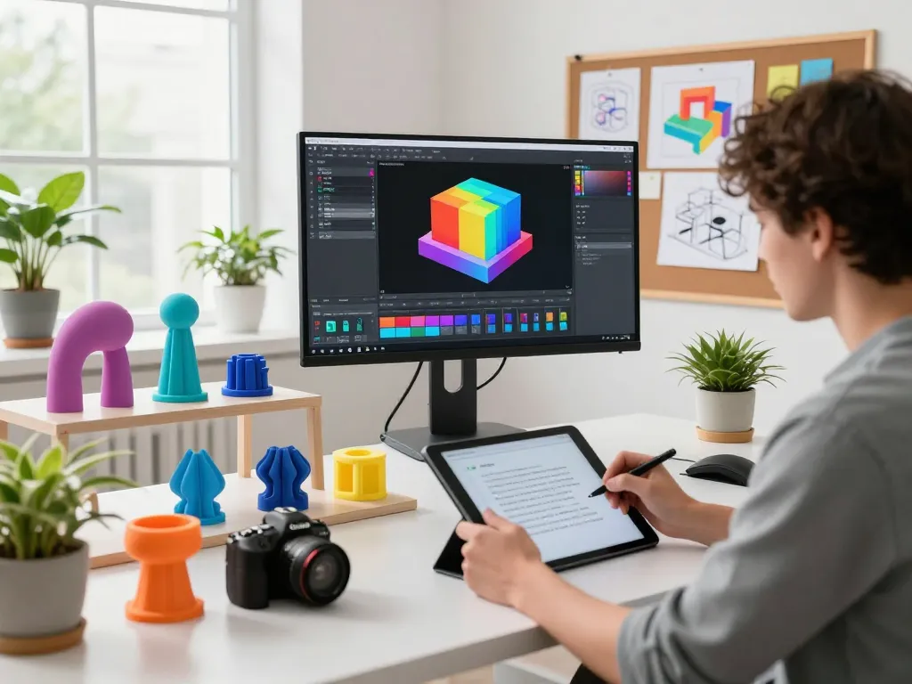 Text to 3D design process in a creative studio with vibrant models and design tools.
