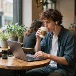 Person exploring nsfw content on laptop in a cozy urban café setting.