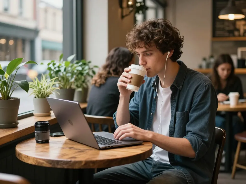 Person exploring nsfw content on laptop in a cozy urban café setting.