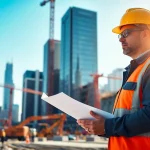 New York City Construction Manager leading a construction site with skyscrapers.