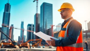 New York City Construction Manager leading a construction site with skyscrapers.