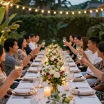 Engaging outdoor event showcasing entertaining blogs with guests celebrating under string lights.