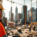 New York City General Contractor managing a construction site with city skyline in the background.