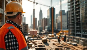 New York City General Contractor managing a construction site with city skyline in the background.