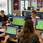 Enthusiastic group engaged in sbobet betting with live stats and mobile devices in a modern lounge.