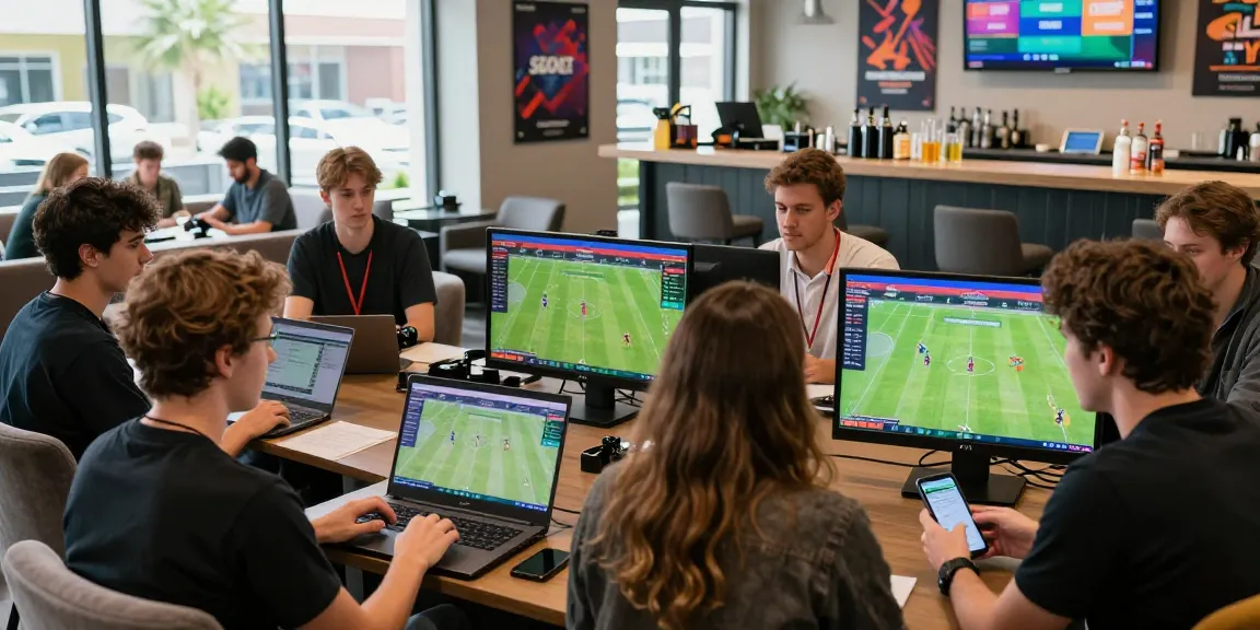 Enthusiastic group engaged in sbobet betting with live stats and mobile devices in a modern lounge.