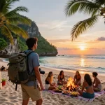 Explore Bali tour packages with friends at a beautiful beach bonfire during sunset.