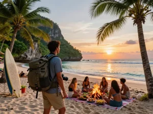 Explore Bali tour packages with friends at a beautiful beach bonfire during sunset.