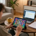Player enjoying Lucky88 slot game on a tablet in a cozy living room, demonstrating modern online gaming