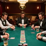 Engaging poker game scene showing players strategizing with DA88 chips stacked in front of them.