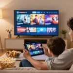 Enjoying Pikashow APK streaming movies on a tablet in cozy living room ambiance.