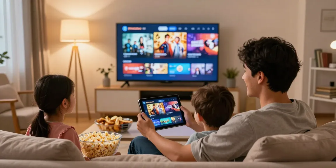 Enjoying Pikashow APK streaming movies on a tablet in cozy living room ambiance.