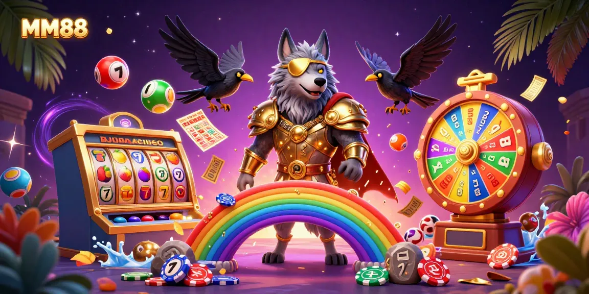 Experience thrilling gaming excitement at MM88 with the golden Odin wolf and interactive casino elements.